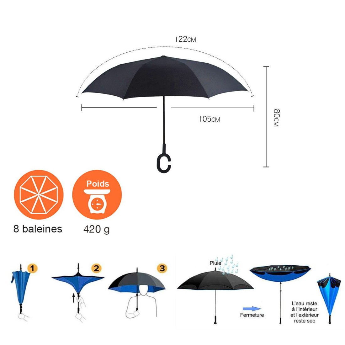 Parapluie inversé canne couleurs unies