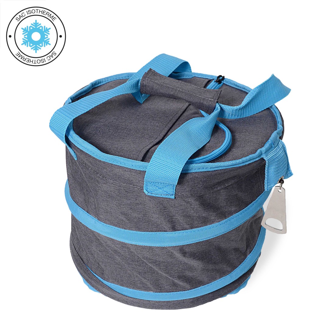 Sac isotherme pliable Gris et Bleu avec décapsuleur